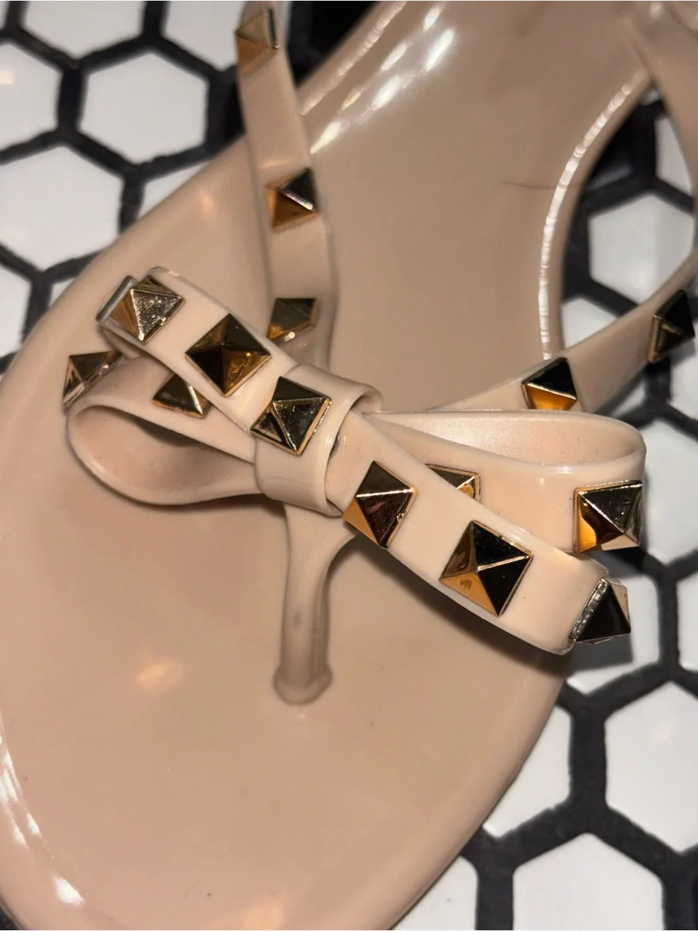 Wild Diva Nude Patent Bow Thong Sandals with Gold Studs
